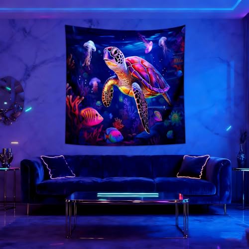 Blacklight Turtle Tapestry Glow in the Dark Ocean Tapestry Wall Hanging Black Light Sea Turtle Poster for Kids Teen Room Bedroom Decor 59.1" L x 59.1" W