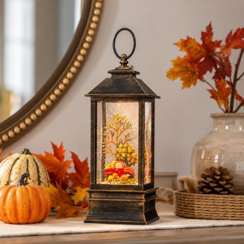 Fall Snow Globe Lantern Thanksgiving Glittering Lighted Lantern