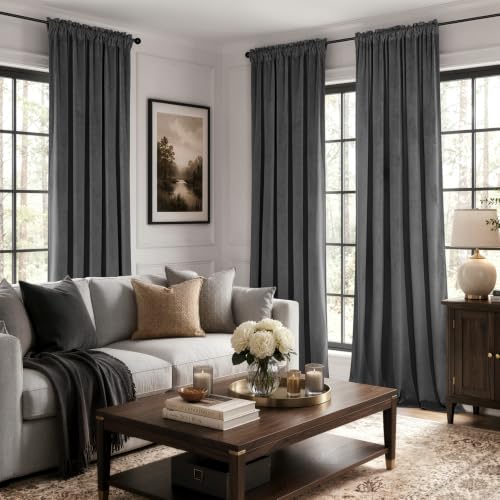 Grey Blackout Velvet Curtains Drapes 90 Inch Long 52"x90" Bedroom (2 Count)