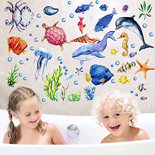52 Pcs Ocean Fish Wall Decals Glow in The Dark Under The Sea Wall Decals Sea Life Animals Stickers Removable Waterproof Peel and Stick Decal for Girl Boy Kids Bedroom Nursery Bathroom (46 Count)
