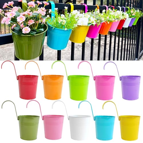 10 Pack 6" Colorful Metal Hanging Railing Planters with Detachable Hooks (10 Count)