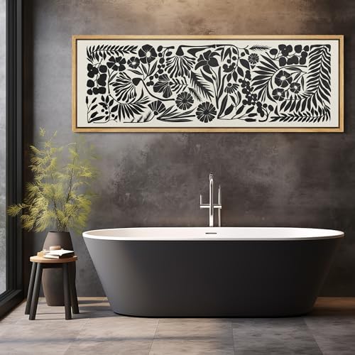 Large Framed Canvas Print Wall Art Monochrome Botanicals Black and White Floral Illustrations Antique Retro Fine Art Illustrations Decorative Colorful for Bedroom