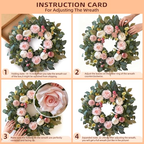 24 Inch Spring Peony Wreath Pink Rose Front Door Wreath
