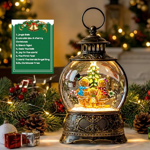 Christmas Snow Globe Lantern Water Glittering Gingerbread Family with Music& Timer