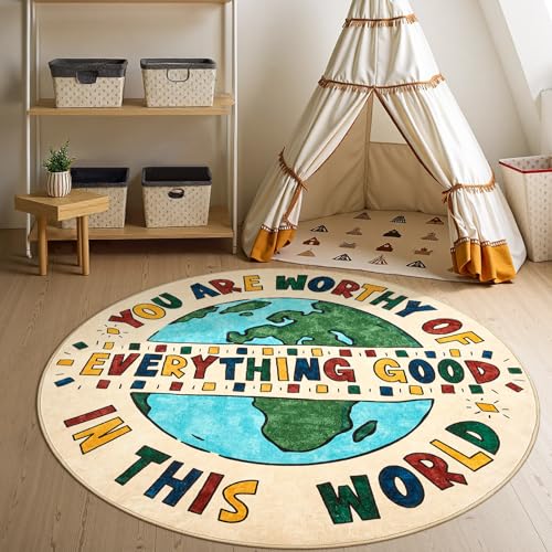 4ft Round Rug Washable Fun Rug You are Worthy Playroom Mat for Kids (12.57 Sq Ft)