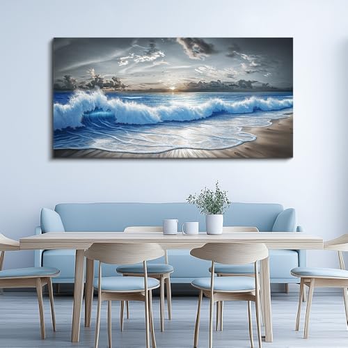 Large Canvas Wall Decor For Living Room Wall Art For Bedroom Office Dining room Decor Modern Black White And Blue Ocean Wave Painting Printed Artworks Wall Pictures Home Decor 24"X48"