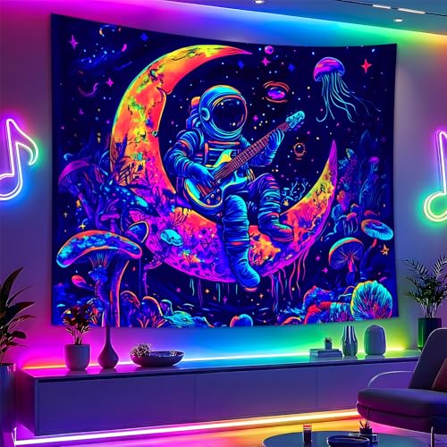 Blacklight Space Astronaut Tapestry UV Reactive Galaxy Planet Glow in Dark Tapestries Black Light Poster Neon Wall Hanging Art for bedroom Living Room