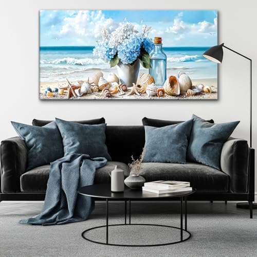 Romantic Beach Wall Art for Living Room Blue Shells Conch Vase Canvas Prints Modern Large Flower Bottle Bedroom Ocean Artwork Decor