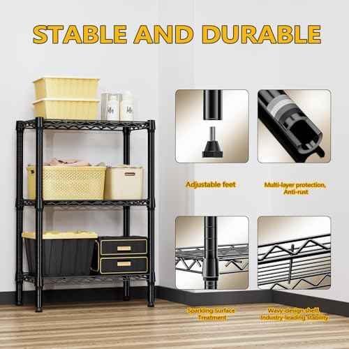 750 lbs 3 Tier Shelf Metal Storage Shelves Shelving Wire Rack Heavy Duty Closet Organizers for Garage Kitchen Bathroom Laundry Black 13.8" D x 23.6" W x 35.5" H