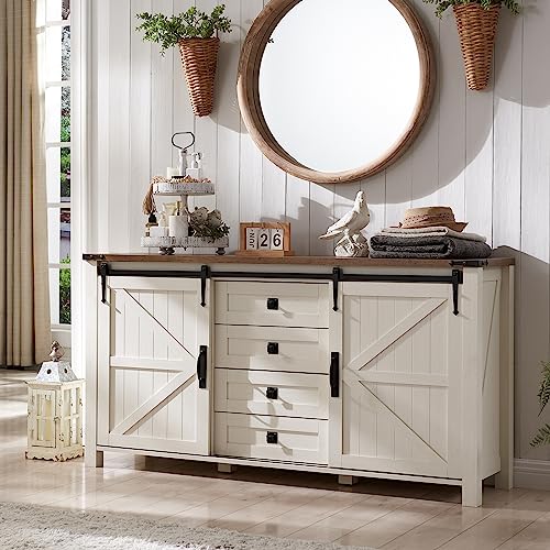 60 Inch Farmhouse Dresser with 4 Drawers and Sliding Barn Doors