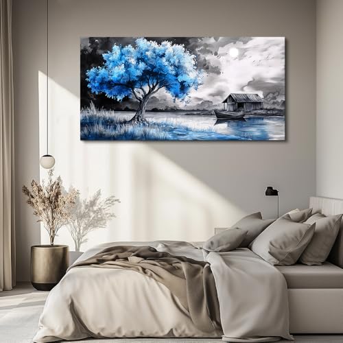 Wall Art For Living Room Large Wall Decor For Bedroom Black White And Blue Trees Wall Pictures Artwork Restaurant Office Frame Printing Canvas Artwork Modern Home Decor Aesthetic 24x48 in