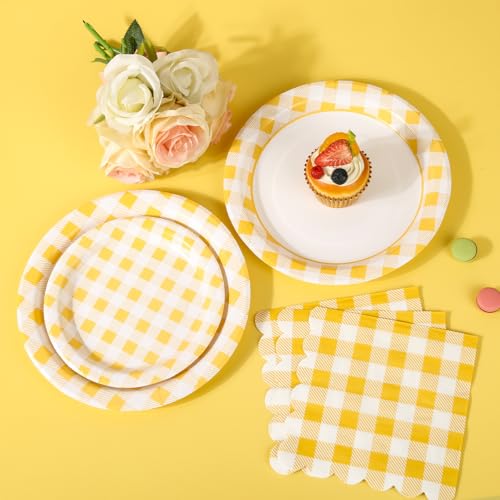 150 Pcs Yellow Gingham Paper Plates and Napkins (150 Count)