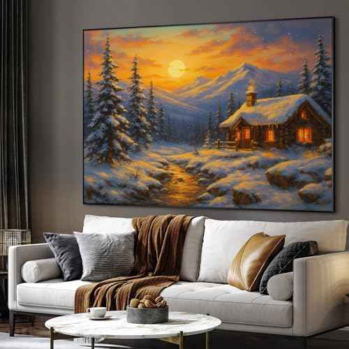 46"x60" Extra Large Framed Wall Art Cozy Cabin in Snowy Mountain Landscape at Sunset for Home Living Room Bedroom Decor