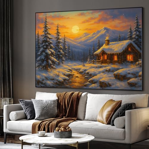 60"x72" Extra Large Framed Wall Art Cozy Cabin in Snowy Mountain Landscape at Sunset for Home Living Room Bedroom Decor