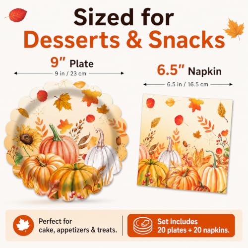 40 Pcs Fall Pumpkin Dessert Plates and Napkins Sets (40 Count)