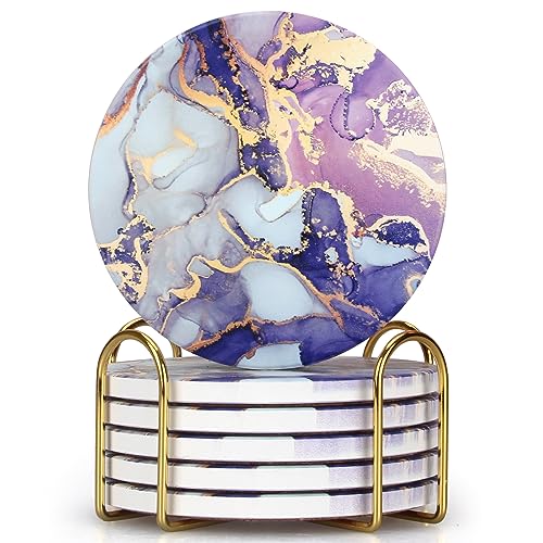 Purple Agate Absorbent Coasters with Holder Drink Coaster Set Geode Decor (6 Count)