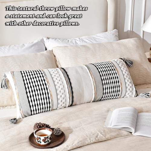 Chenille Striped Textured Boho Throw Pillow Covers Aesthetic with Tassels Woven Decorative Pillow Case for Couch Bed Sofa Bedroom Modern Funky 14 x 36