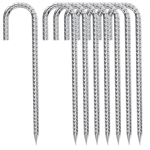 J-Hook-Rebar-Stakes-12 Inch, Ground Stakes Heavy Duty Rebar Stakes for Camping 8pcs Rebar Stakes Rust Proof Coated Metal for Flower Gardens Dog Fence Camping Tents Chicken Coop (8 Count)