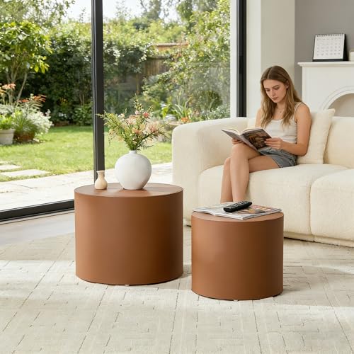 19.09" Modern Leather Round Coffee Table Set