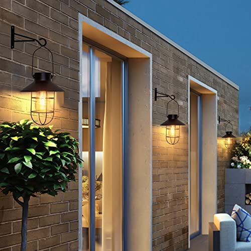 Solar Lanterns Outdoor Metal Solar Powered Hanging Lights Waterproof for Wall Barn Yard Garden Patio Garage Balcony Porch Fence Decor (2 Count)