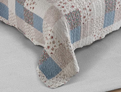 Pink Roses & Blue Checks Patchwork Quilt Set