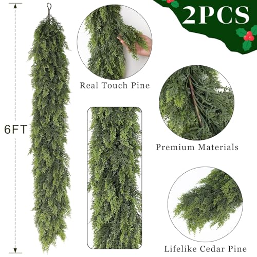 2PCS 6FT Lifelike Touch Artificial Cedar Garland for Mantle Christmas Decor (2 Count)