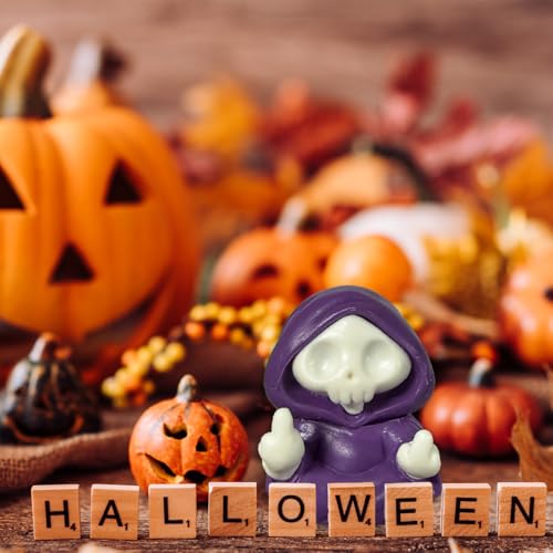 Halloween Skull Figurine Middle Finger Design Halloween Ghost Statue Cool Cute Holiday Tabletop Figurines Ornament Funny Resin Skeleton Statue Indoor Table Shelf Tabletop Home Office Decor