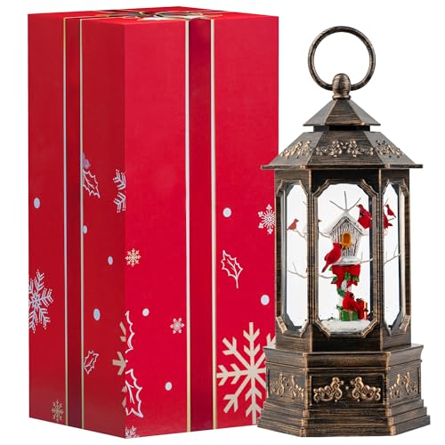 Christmas Snow Globe Lantern Water Glittering 11.6'' Cardinal & Birdhouse with Music & Timer