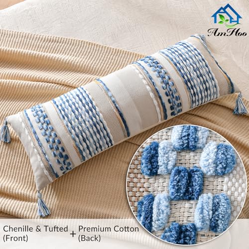 Chenille Striped Textured Boho Throw Pillow Covers Aesthetic with Tassels Woven Decorative Pillow Case for Couch Bed Sofa Bedroom Modern Funky 14 x 36