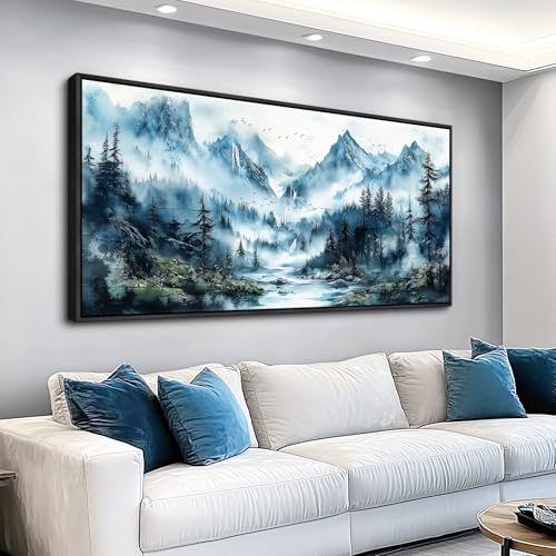 Black Framed Canvas Wall Art For Living Room Large Wall Decor For Office Mountain Wall Painting Fog Forest Landscape Picture Ready To Hang Bedroom Home Decorations Prints Poster 24x48 In