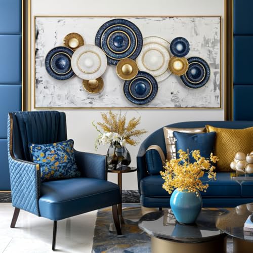 Wall Art Canvas Painting Blue and Yellow 24"x48" with Framed