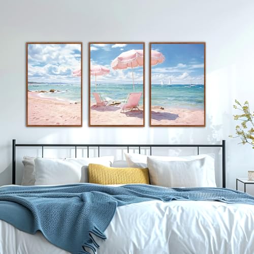 KAlRNE Pink Coastal Framed Art Prints Ocean Canvas Wall Art Set (3 Count)