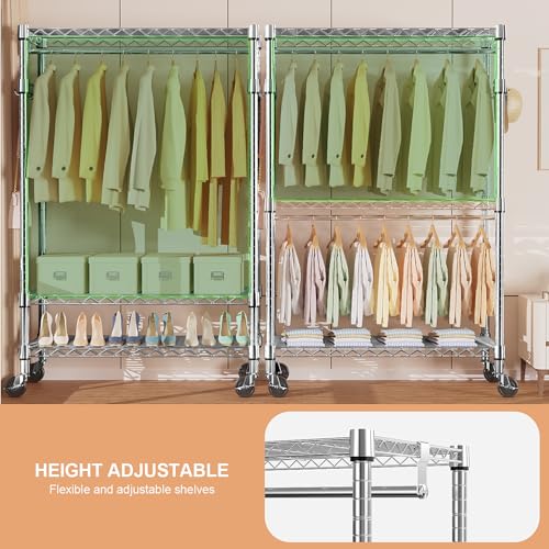 Heavy Duty Rolling Garment Rack 3 Tiers Adjustable Wire Shelving Clothes Rack with 2 Rods and Side Hooks