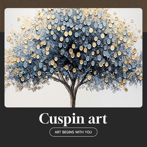 Framed Modern Luxury Blue and Gold Tree of Life Wall Art
