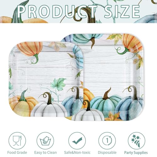 200Pcs Fall Plates and Napkins Square Blue Pumpkins Plate Thanksgiving Paper Plates Pumpkin Wood Grain Dinnerware for Baby Shower Fall Harvest Family Thanksgiving Party Decorations (200 Count)