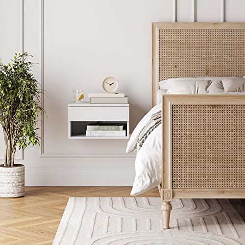 Jackson Wall Mounted Floating Bedroom Nightstand with Storage Drawer and Modern Open Shelf Cubby