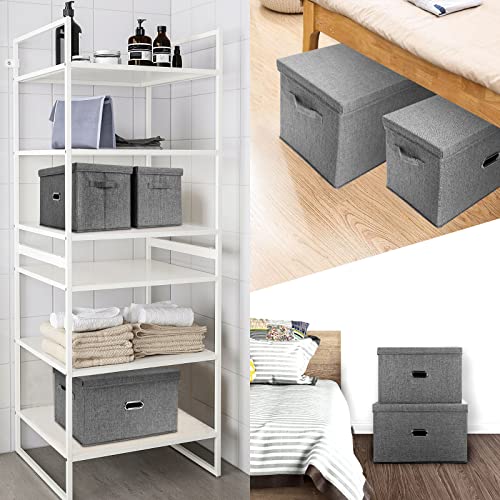Large Linen Fabric Foldable Storage Bins with Removable Lid and Handles (2 Count)