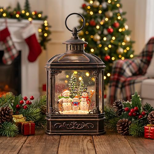 Christmas Snow Globe Lantern Water Glittering Snowman Family with Music & Timer