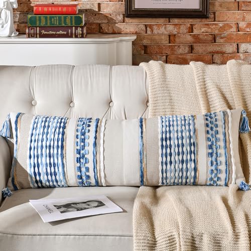 Chenille Striped Textured Boho Throw Pillow Covers Aesthetic with Tassels Woven Decorative Pillow Case for Couch Bed Sofa Bedroom Modern Funky 14 x 36