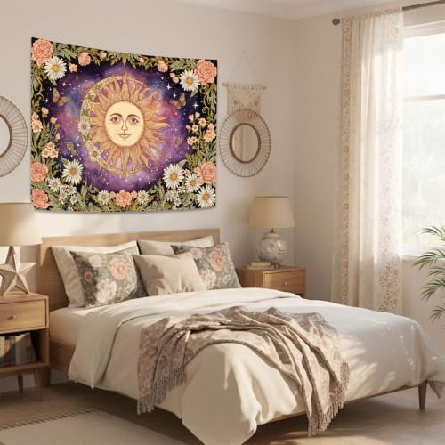 Vintage Sun and Moon Boho Hippie Purple Floral Tapestry 80 x 60 Inch