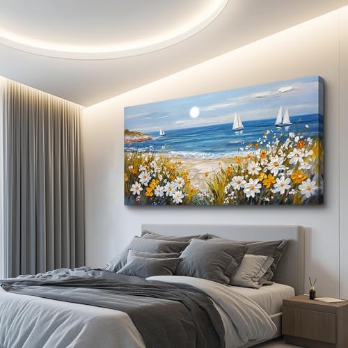 Large Vintage Landscape Painting Home Decor Blue Ocean Beach Painting Living Room Decorative Wall Art Modern Print Canvas White Flowers Farmhouse Office Bedroom Wall Decor 30 X 60 Inches