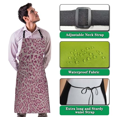 Chef Apron for Men Pink Leopard Funny Aprons for Women for Kitchen Cooking Restaurant BBQ Painting Crafting 27”