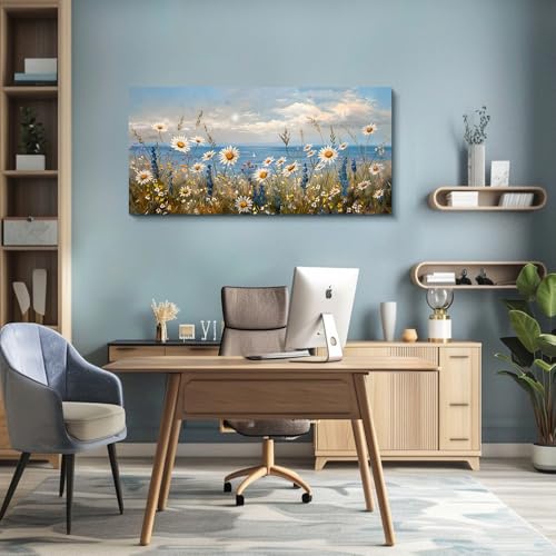 Blue Ocean Canvas Wall Art for Living Room Wall Decor For Bedroom Bathroom Decoration Abstract Natural Seascape Painting Modern Office Wildflowers Artwork Pictures Home Decor Ready To Hang