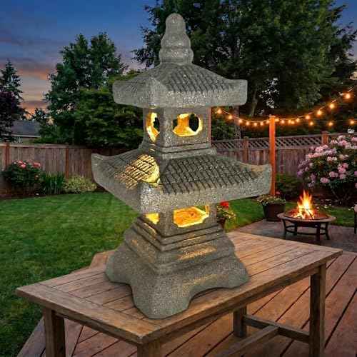 2 Tier Pagoda Garden Statue LED Solar Powered Light 18" Tall Outdoor Zen Garden Lantern Landscape Lawn Asian Pagoda Stupa Decor Grey Resin