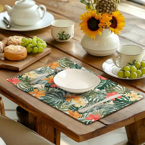 Tropical Palm Leaves Table Mats Set of 4 Summer Watercolor Hibiscus Flower Leaf Placement Mats for Dining Table Washable Non (4 Count)