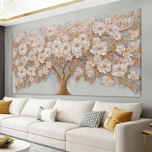 Oversized Canvas Wall Art Decor Gold Tree of Life Canvas Art Wall Decor For Living Room Modern Botanical Decor Nature White Floral Tree Wall Art Artwork For Bedroom Home Office Wall Decor 29×58 Inch