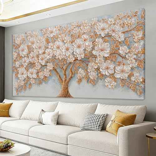 Large Canvas Wall Art Decor Modern White Flower Botanical Nature Wall Art Decor Gold Tree of Life Canvas Art Wall Decor For Living Room Wall Decor Floral Tree Artwork For Bedroom Home Office 24"×48"
