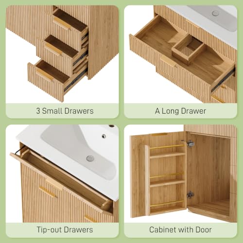 Farmhouse 30" Fluted Bathroom Vanity with Ceramic Sink and 5 Drawers