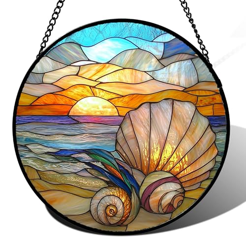 Ocean Stained Glass Window Hanging Suncatcher Beach Gifts for Women 7.8"