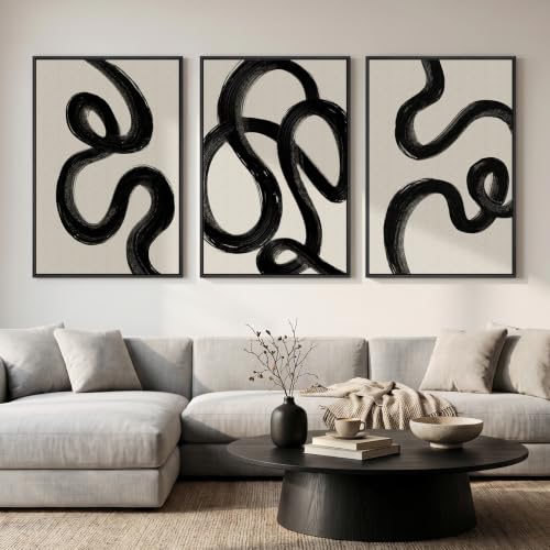 Large Framed Black and White Abstract Wall Art for Living Room (3 Count)
